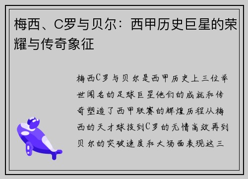 梅西、C罗与贝尔：西甲历史巨星的荣耀与传奇象征