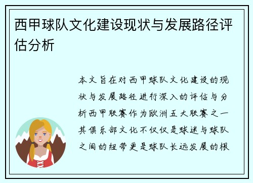 西甲球队文化建设现状与发展路径评估分析